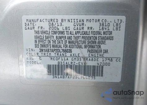 2013 Nissan Sentra Sr from USA, damaged, VIN 3N1AB7AP2DL766035